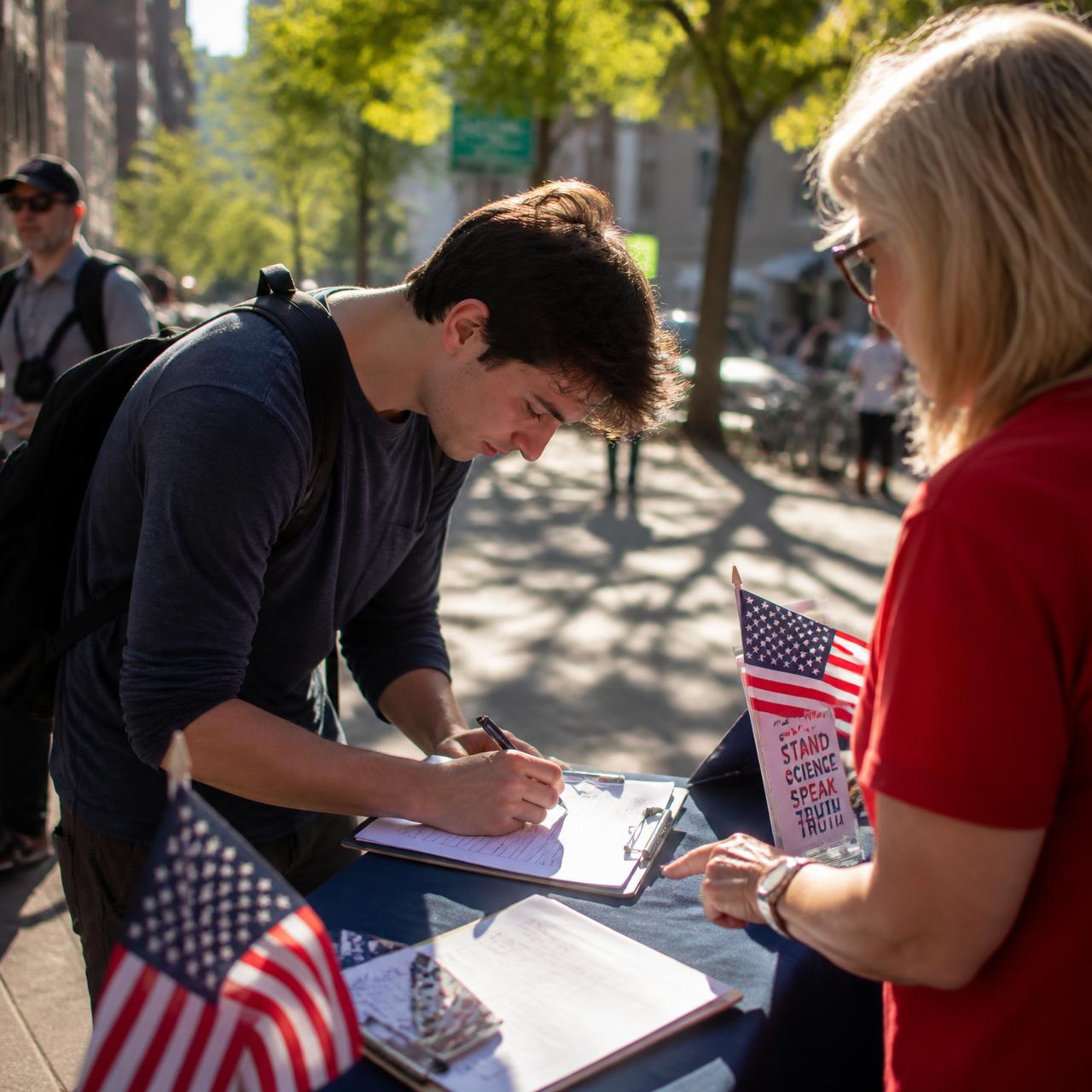 A petition signing table on a sunny city sidewalk